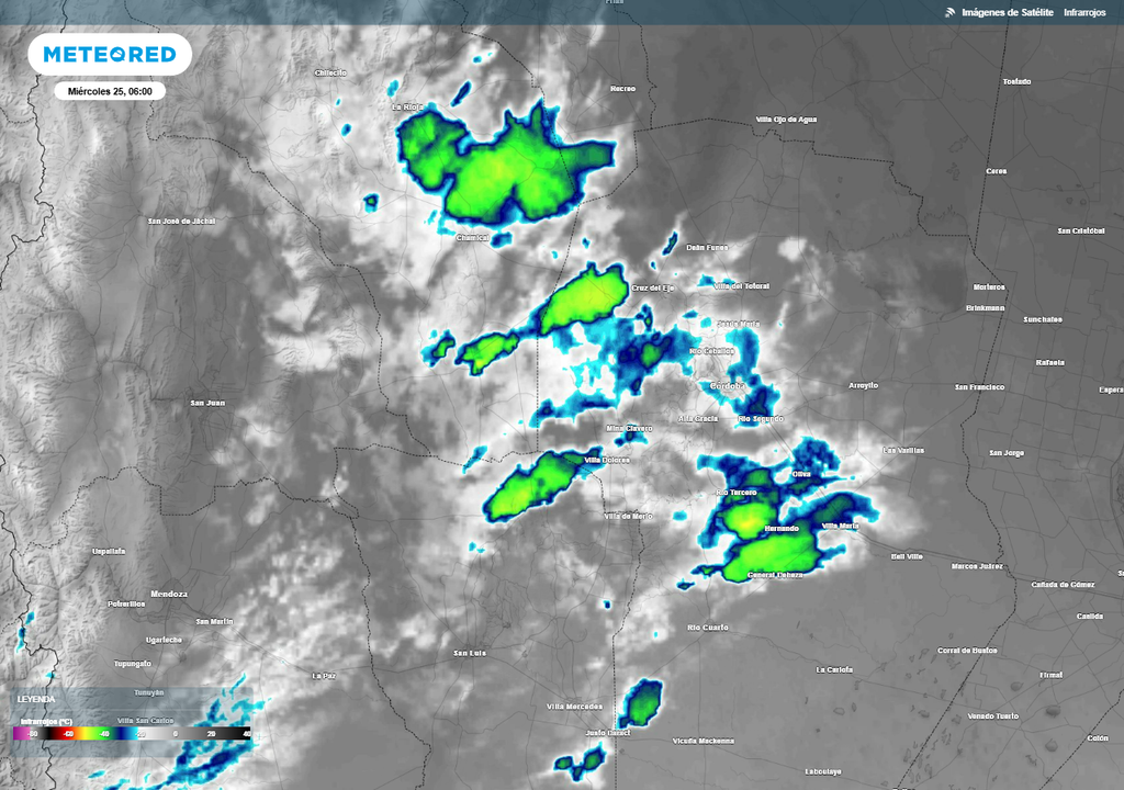 Tormentas aisladas se movian al comienzo de la mañana del miércoles entre San Luis, La Rioja y Córdoba.