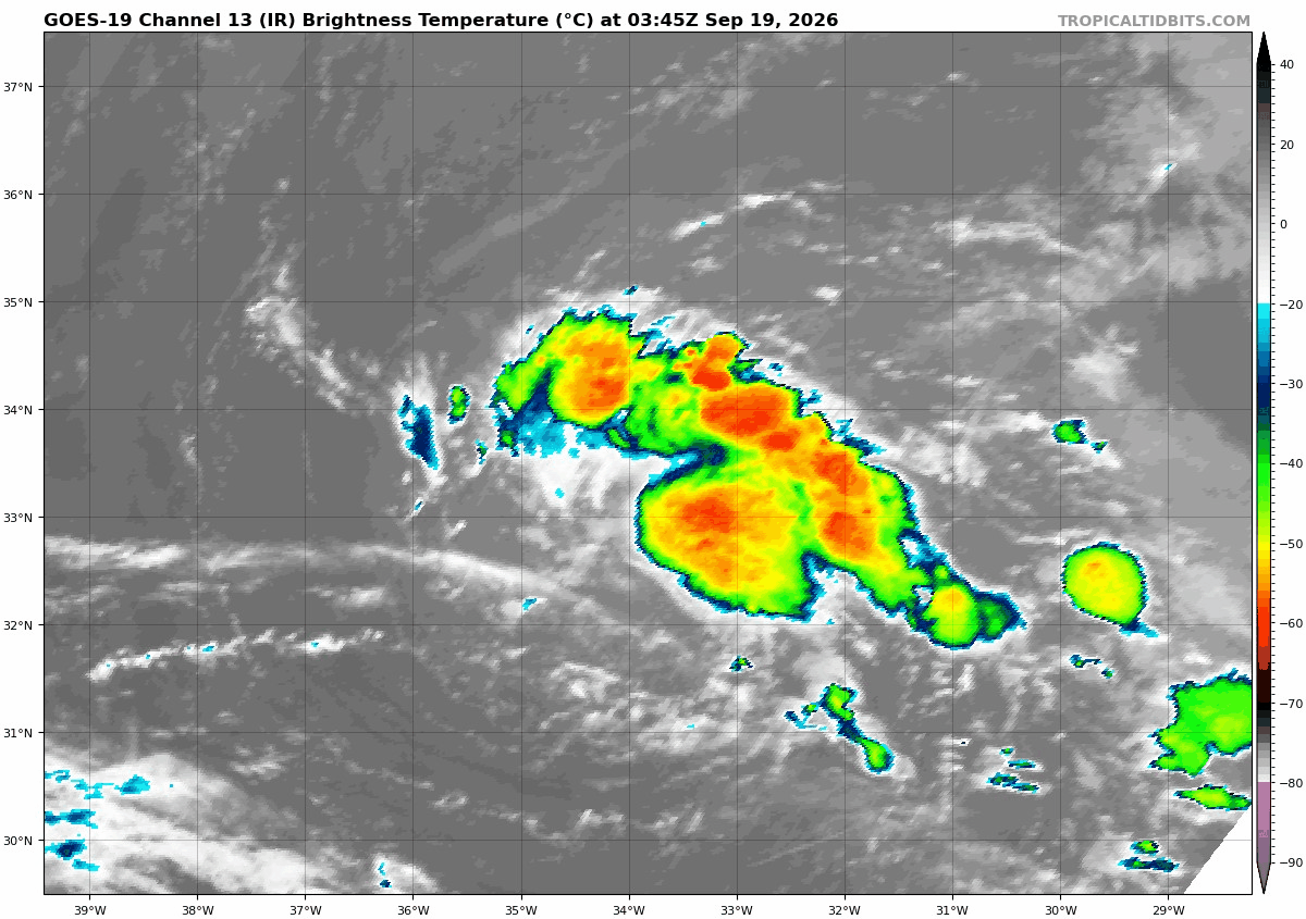 Secuencia de imágenes infrarrojas realzadas del Invest 99L a fecha de 19 de septiembre de 2026. Tropical Tidbits.