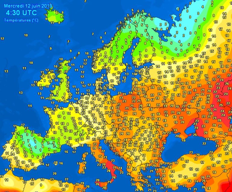 Temperaturas europeas a las 04:30 UTC, a falta de disponer de las temperaturas mínimas del 12 de junio de 2019. meteociel.fr Temperaturas europeas a las 04:30 UTC, a falta de disponer de las temperaturas mínimas del 12 de junio de 2019. meteociel.fr