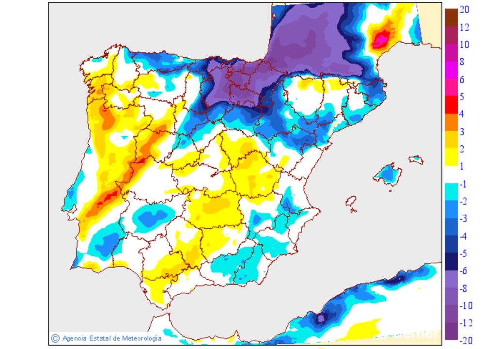 La caída de las mínimas anticipará la jornada fresca, donde las máximas caerán de forma notable en el norte, sobre todo en el Cantábrico oriental como se muestra en el mapa. Fuente: AEMET.