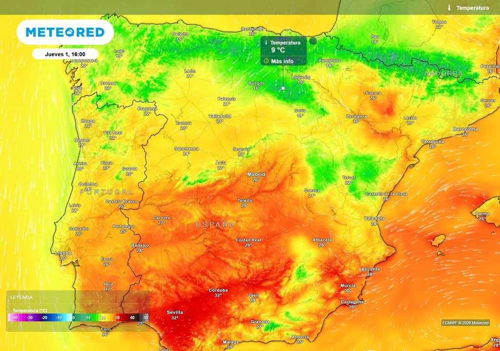 Las máximas previstas para la jornada de mañana jueves serán propias del otoño en la mitad norte, mientras en la mitad sur continuarán con cifras rondando los 30 ºC.