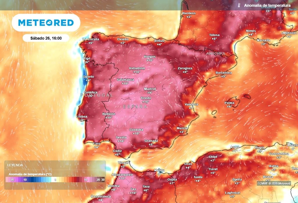 Las anomalías térmicas más significativas de mañana se concentrarán en el interior peninsular, mientras que en la costa mediterránea serán más moderadas por este descenso térmico.