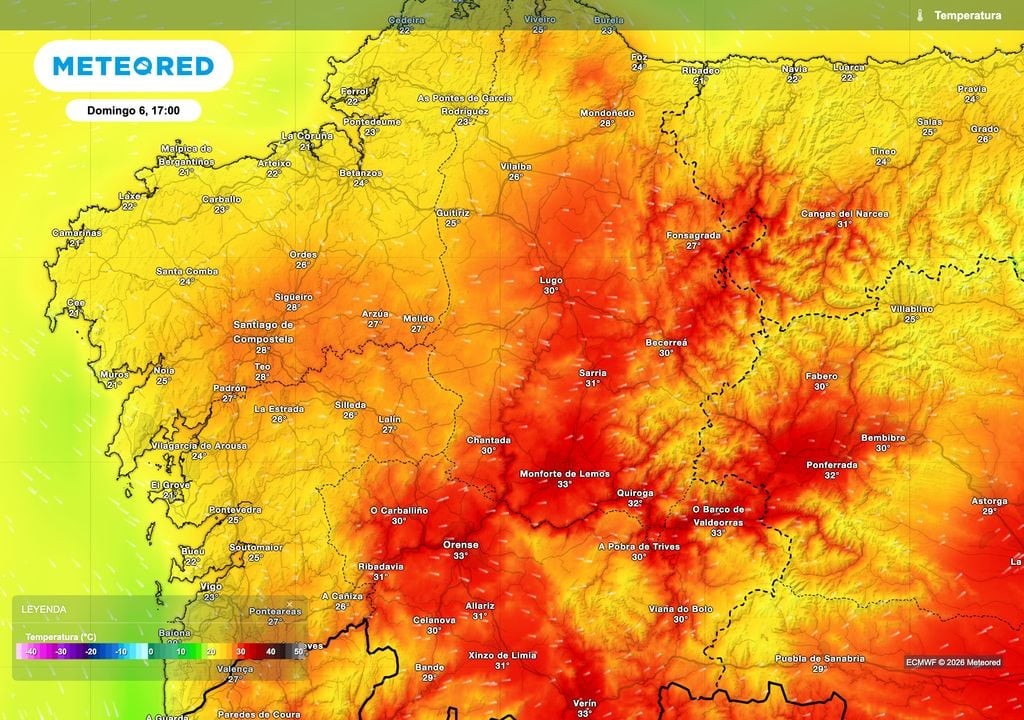 Notable diferencia entre las temperaturas máximas en la mitad oriental y occidental de Galicia.