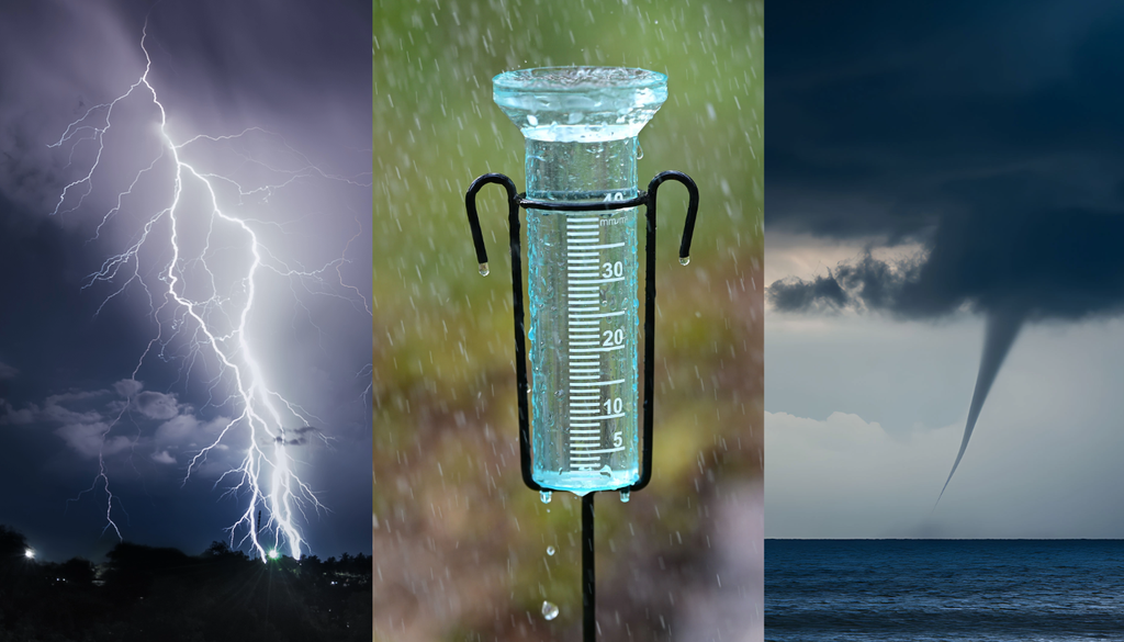 rayo cayendo a la superficie, pluviómetro lleno de lluvia y tromba marina Tormentas eléctricas, precipitaciones abundantes y actividad tornádica se destacó a lo largo de Chile durante el mes de agosto.