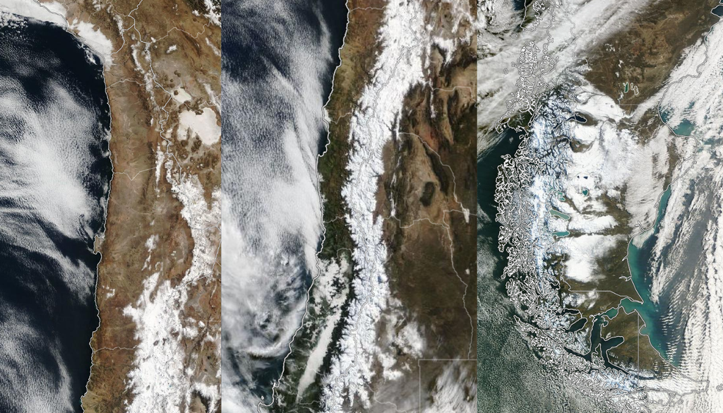 imágenes satelitales sobre Chile La nieve se acumuló desde la frontera norte hasta el límite más austral del continente durante agosto. Imágenes del 20 y 22 de agosto de 2026. Fuente: Zoom Earth/NASA/GSFC/EOSDIS.