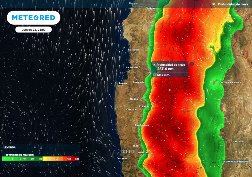 mapa de profundidad de nieve Durante el jueves podrían caer chubascos de nieve en la cordillera de Coquimbo.