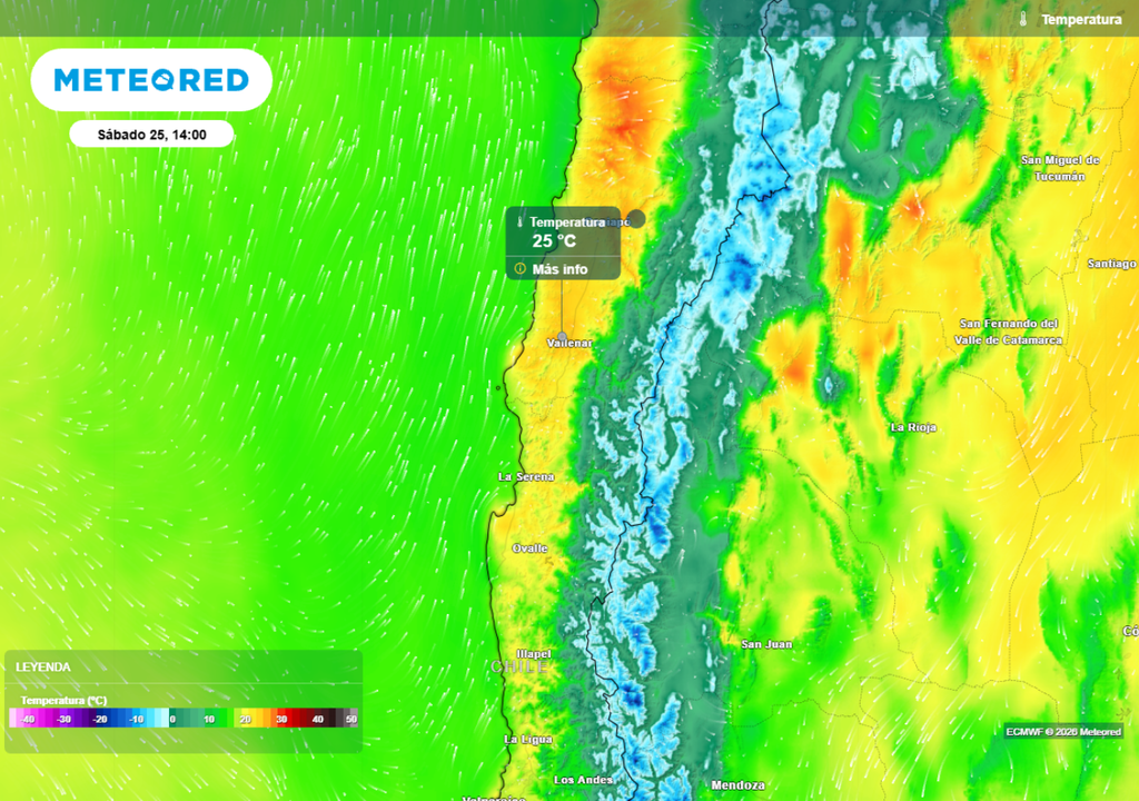 mapa de temperaturas Entre el viernes y sábado se espera un incremento importante de las temperaturas en Coquimbo y Atacama.