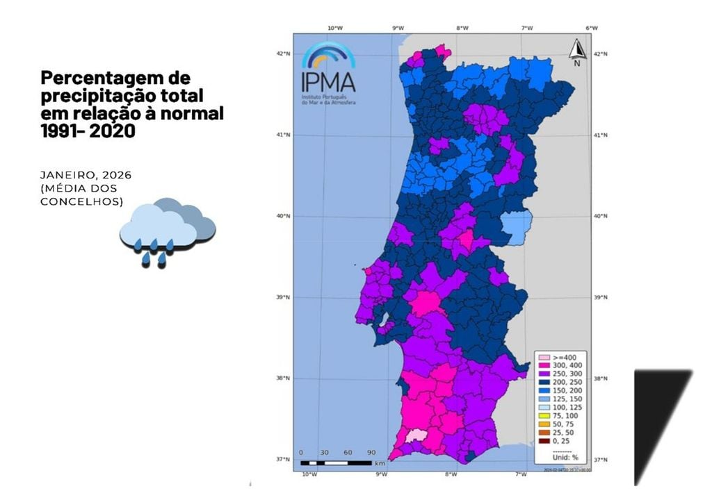 Em janeiro, o valor total da precipitação atingiu 233,4 mm, cerca de duas vezes a média registada no período 1991-2020 (105 mm). imagem: IPMA