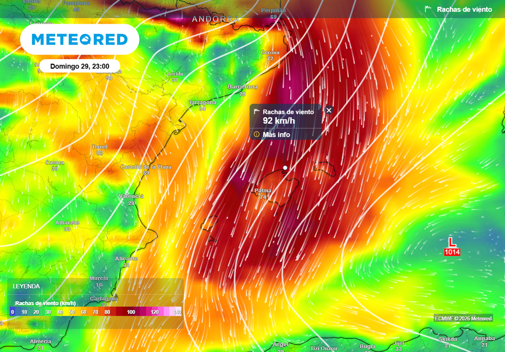 Rachas de viento, que el domingo a últimas horas, podrían superar los 90 km/h en zonas urbanas. Fuente: modelo europeo.