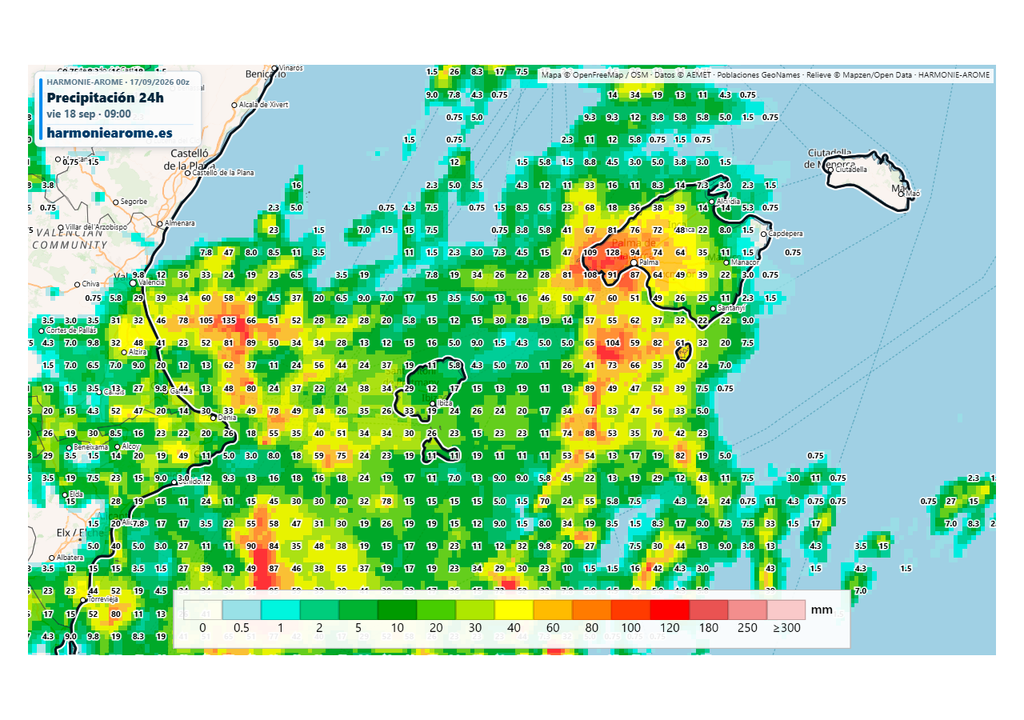 El episodio tormentoso que tenemos en el Mediterráneo occidental dará lugar a destacados acumulados de lluvia que entre hoy y mañana en Baleares. Fuente: Harmoniearome.es