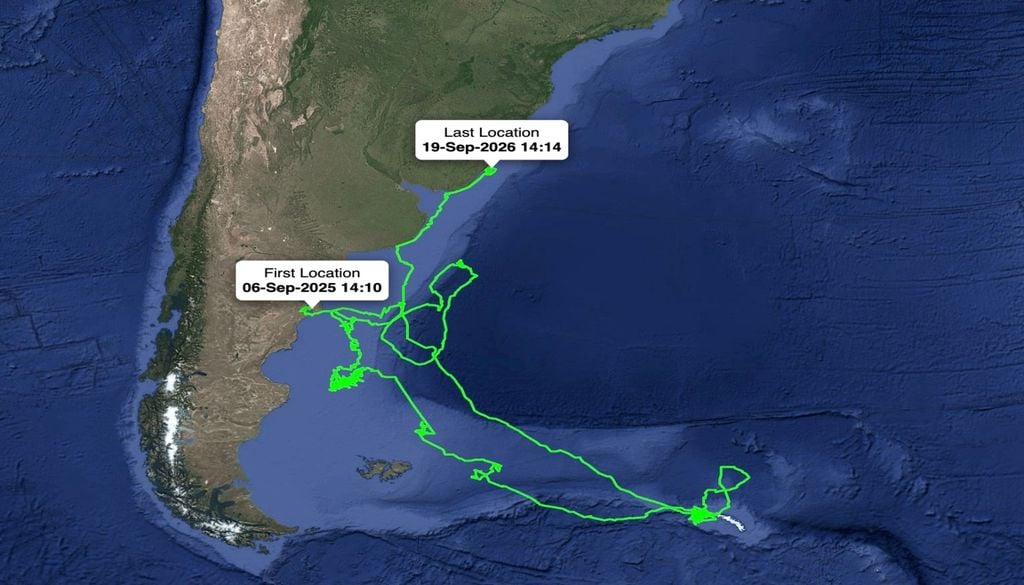 Bismuth La joven ballena Bismuth se alimentó durante más de tres meses al este de las Islas Georgias del Sur y luego nadó más de 1.900 kilómetros sin detenerse de regreso hacia Península Valdés. Imagen: siguiendoballenas.org