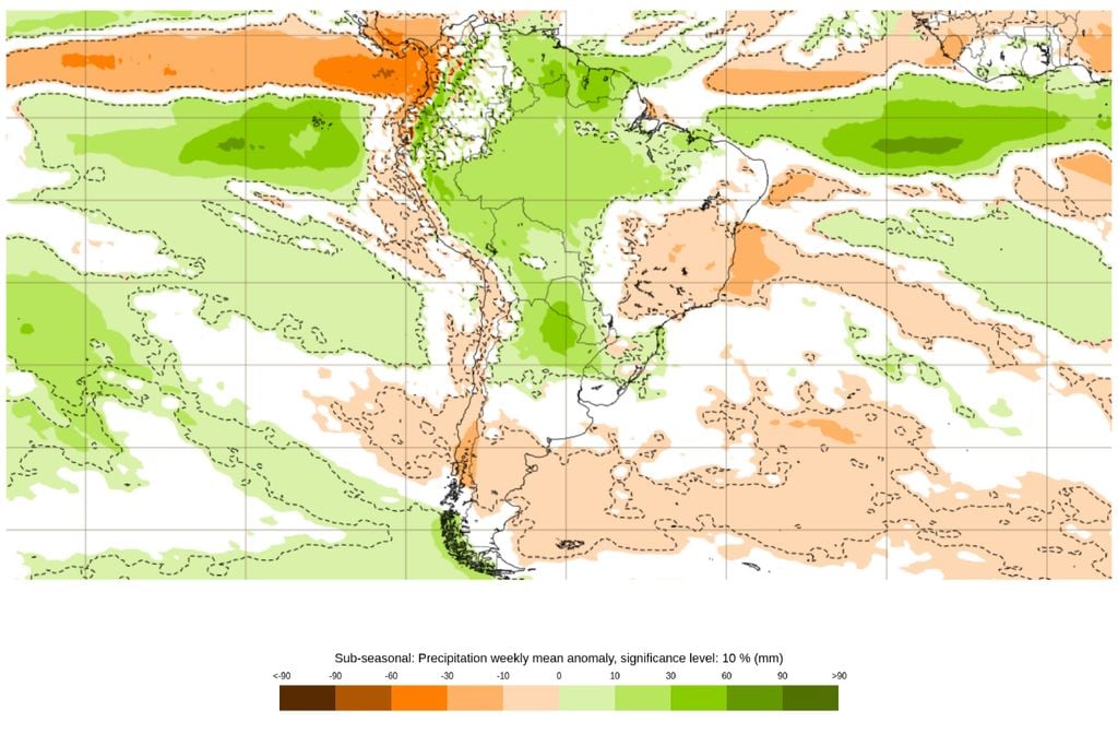 Anomalia semanal de precipitação na América do Sul, com sinal mais úmido sobre a Amazônia e parte do Norte do Brasil, reforçando a manutenção das chuvas acima do padrão em áreas produtoras de banana e cacau.