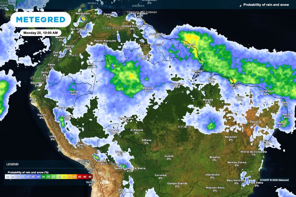 Probabilidade de chuva na segunda-feira sobre o norte da América do Sul, com maior persistência entre Amazonas, Pará, Amapá e a faixa litorânea do Norte e Nordeste do Brasil.