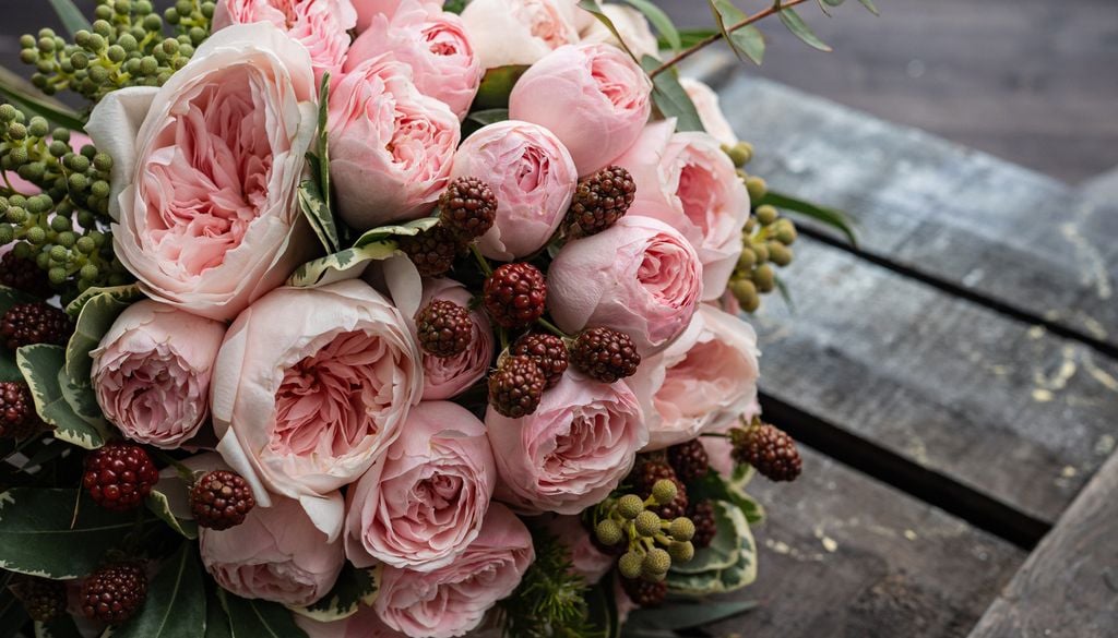Bouquet Mariage Pivoine Fleur Fruit Feuillage Plantes Ici, un bouquet de pivoines roses clair mélangées des feuillages.