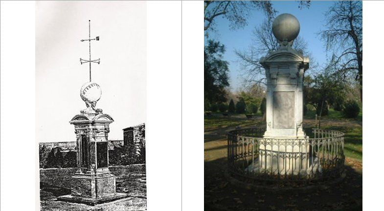 Grabado antiguo de la columna meteorológica del Parque de la Ciudadela Figura 18.- Izquierda: Grabado antiguo de la columna meteorológica del Parque de la Ciudadela, tal y como era originalmente. Derecha: Estado actual de la columna.