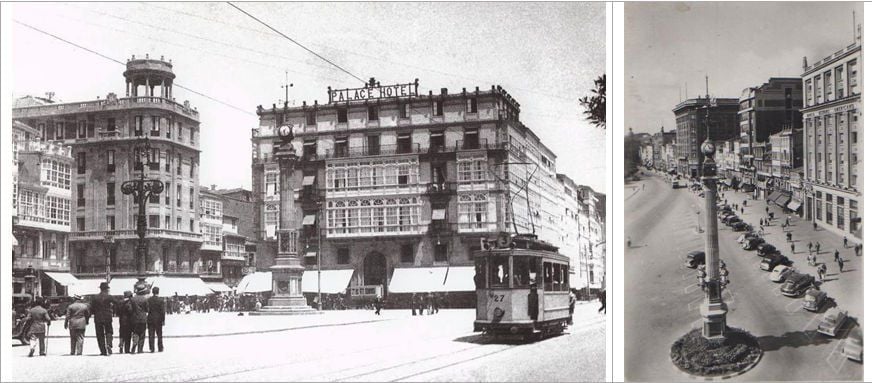 Plaza del Obelisco de A Coruña Figura 4.- Izquierda: Plaza del Obelisco de A Coruña –conocida popularmente como la de los Cantones– en 1936, con la columna meteorológica en su centro. Derecha: Imagen de los años 50 del Obelisco de A Coruña, donde se aprecia su mayor altura, debido al tramo adicional de columna que se añadió en 1951.