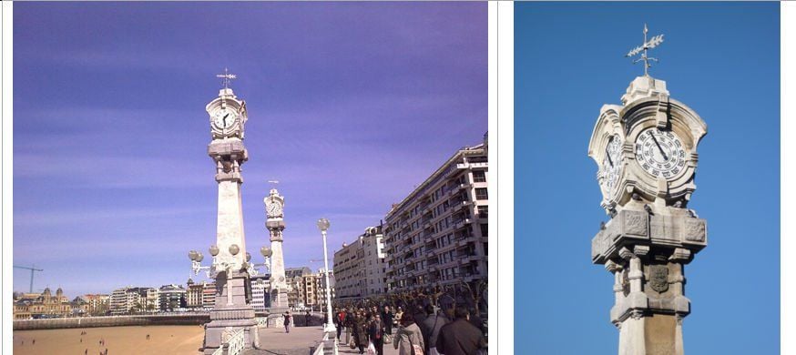 Vista general del Paseo de La Concha de San Sebastián con “los relojes” en primer término Figura 8.- Izquierda: Vista general del Paseo de La Concha de San Sebastián con “los relojes” en primer término. Derecha: Detalle del barómetro situado en uno de los obeliscos.