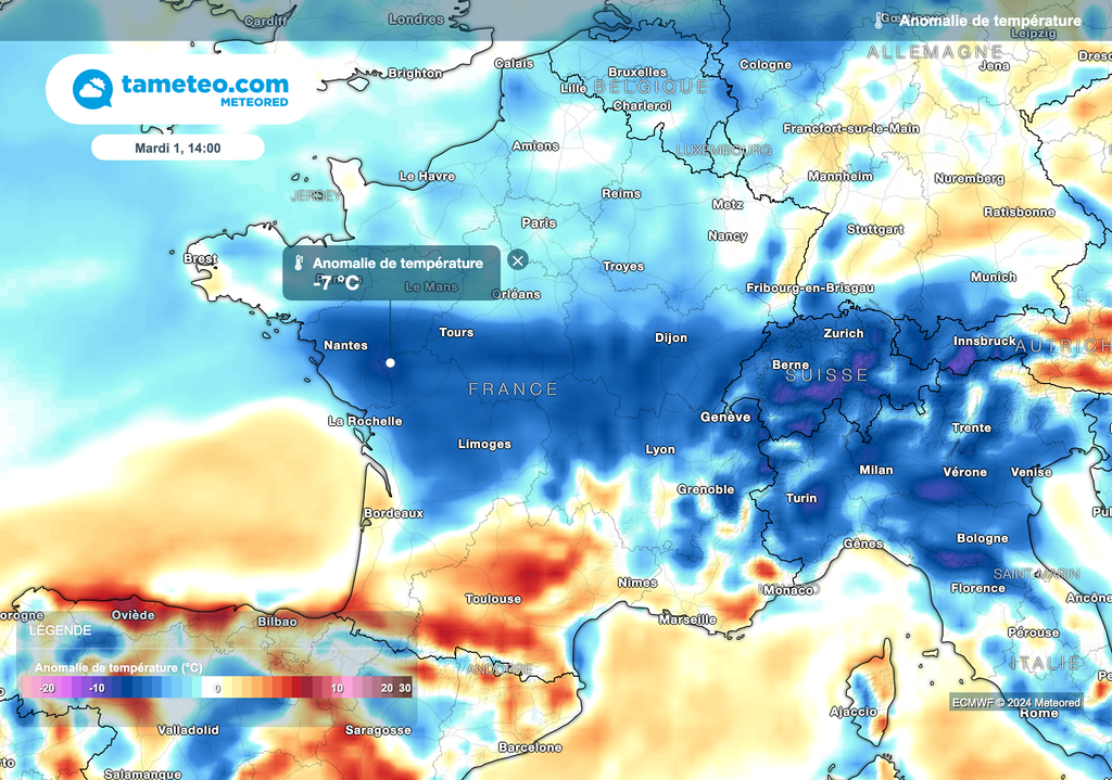 Températures très nettement inférieures aux normales de saison sur les régions centrales sous les pluies d'une nouvelle rivière atmosphérique.