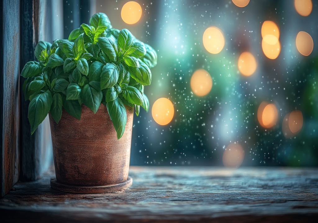 Basilikum, Fensterbank, Winter, Beleuchtung, Wachstum, Blätter