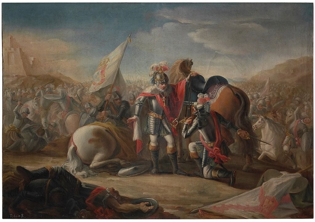 Obra de Mariano Salvador Maella representa o rei Juan I de Castela a receber um cavalo para escapar do campo da batalha de Aljubarrota Obra de Mariano Salvador Maella representa o rei Juan I de Castela a receber um cavalo para escapar do campo da batalha de Aljubarrota