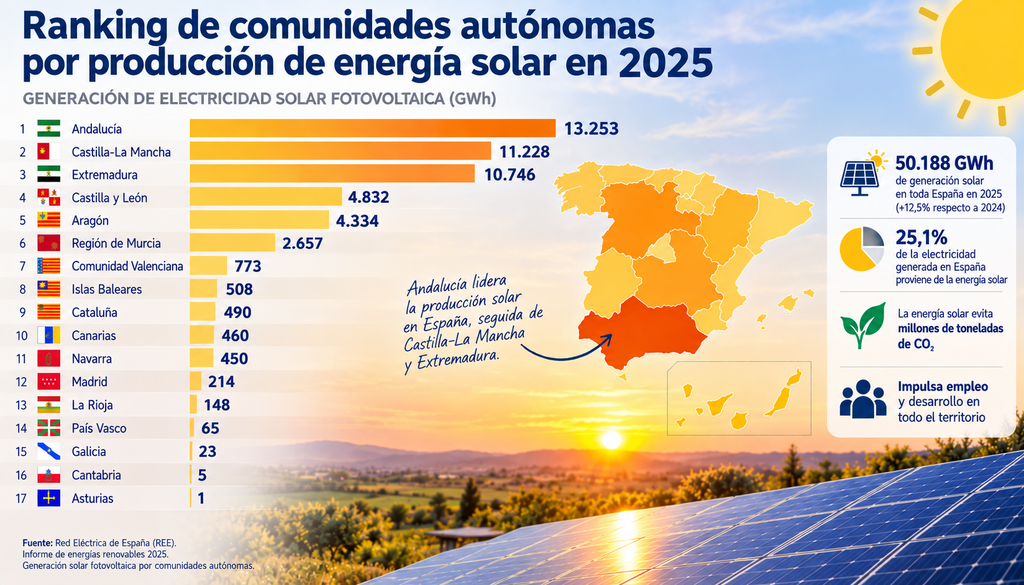 Generación solar fotovoltaica en 2025 en España por comunidades autónomas.