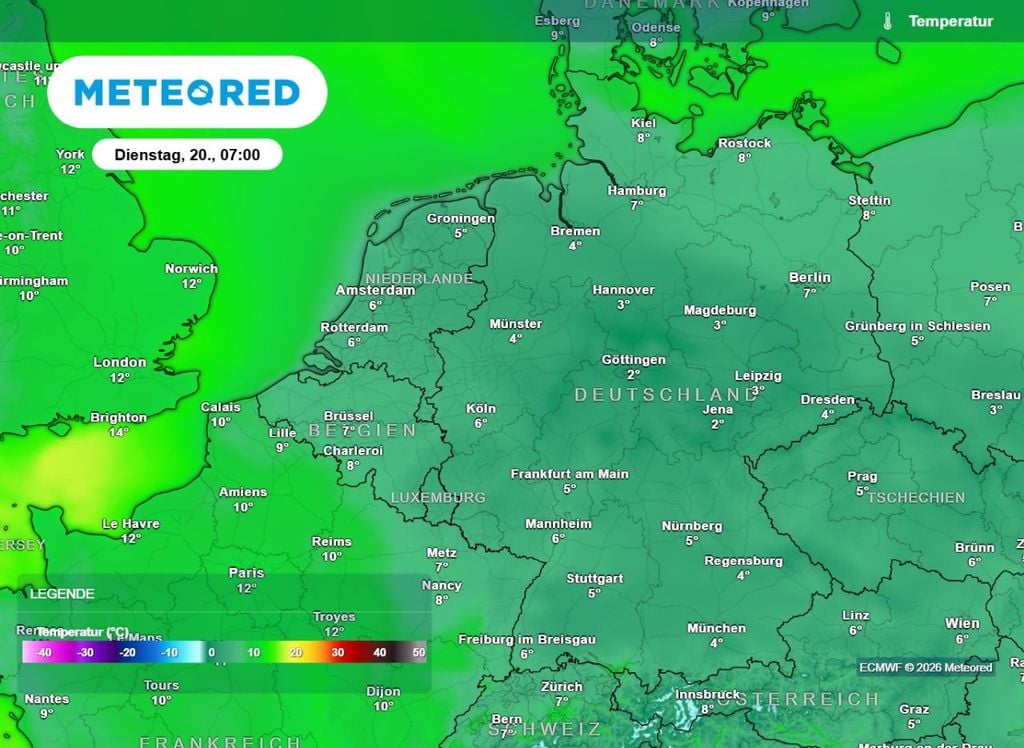 kalt, dienstagmorgen, deutschland Der Dienstag startet recht frisch. Die Frühwerte liegen zum Teil unter 5 Grad, es droht regional Bodenfrost.
