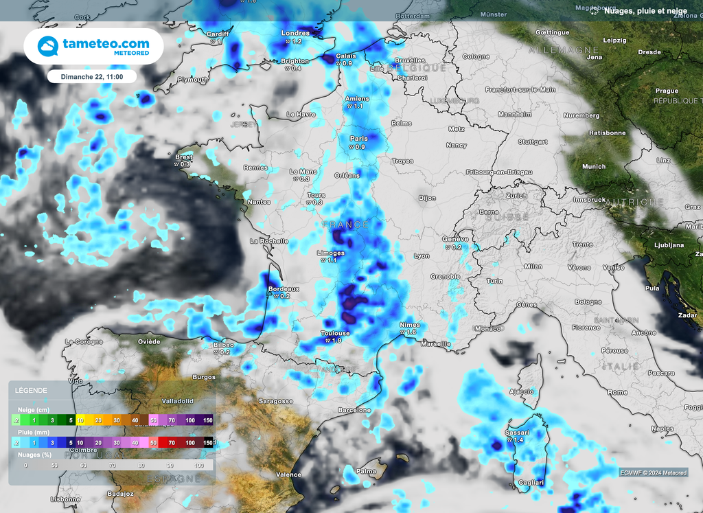 Demain dimanche, météo encore sèche sur la moitié est pour plusieurs heures avant l'arrivée de la pluie à l'est.