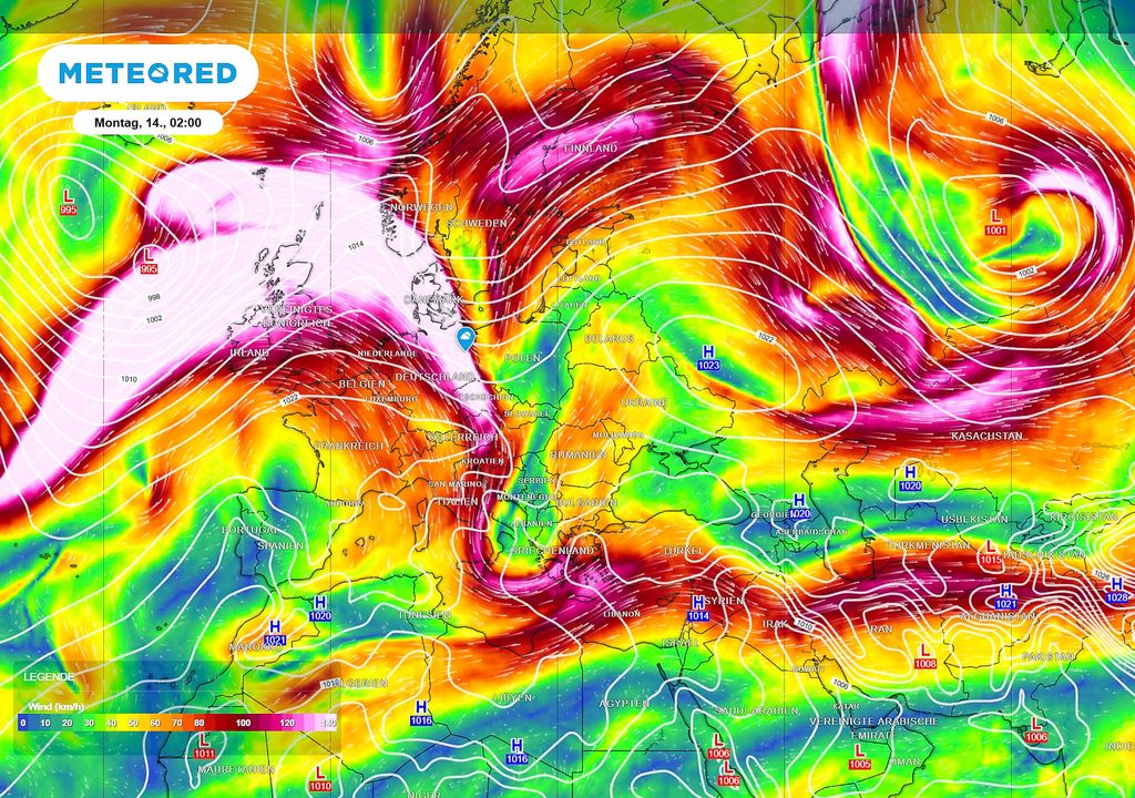 Jet Stream, Wind, 300 hPa Die Jet-Stream Position schlägt Richtung Norden aus. Diese Position könnte dazu führen, dass sich ein Hochdruckgebiet über Deutschland setzt und den Altweibersommer einläutet.