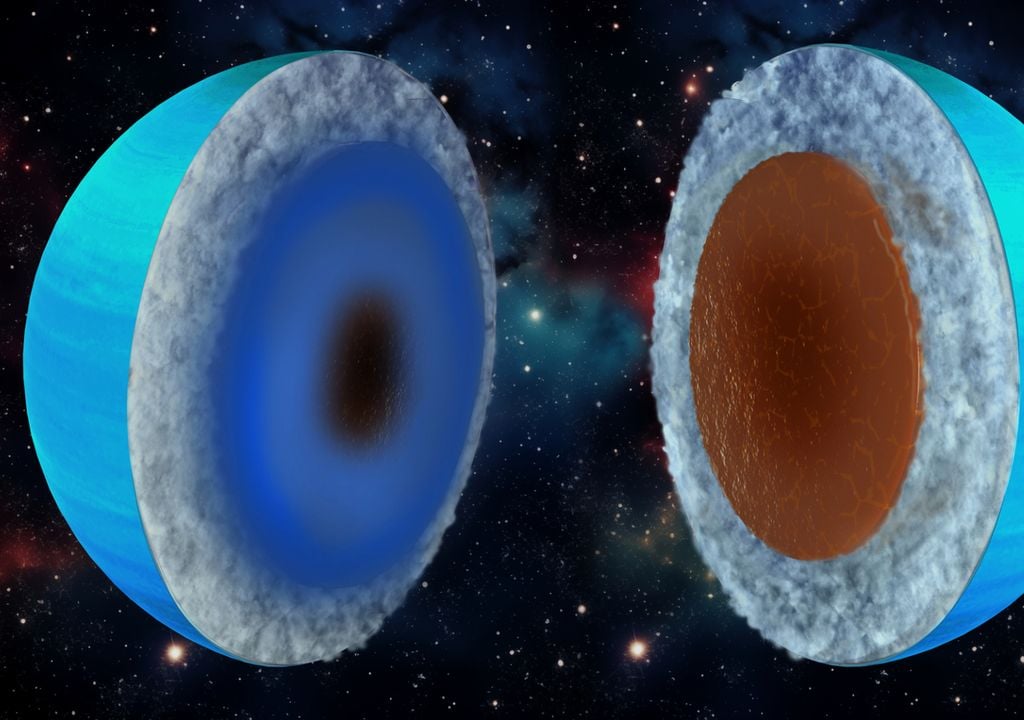 Der neuen Studie zufolge könnte Uranus ein Eisriese (links) oder ein Gesteinsriese (rechts) sein. Der neuen Studie zufolge könnte Uranus ein Eisriese (links) oder ein Gesteinsriese (rechts) sein.