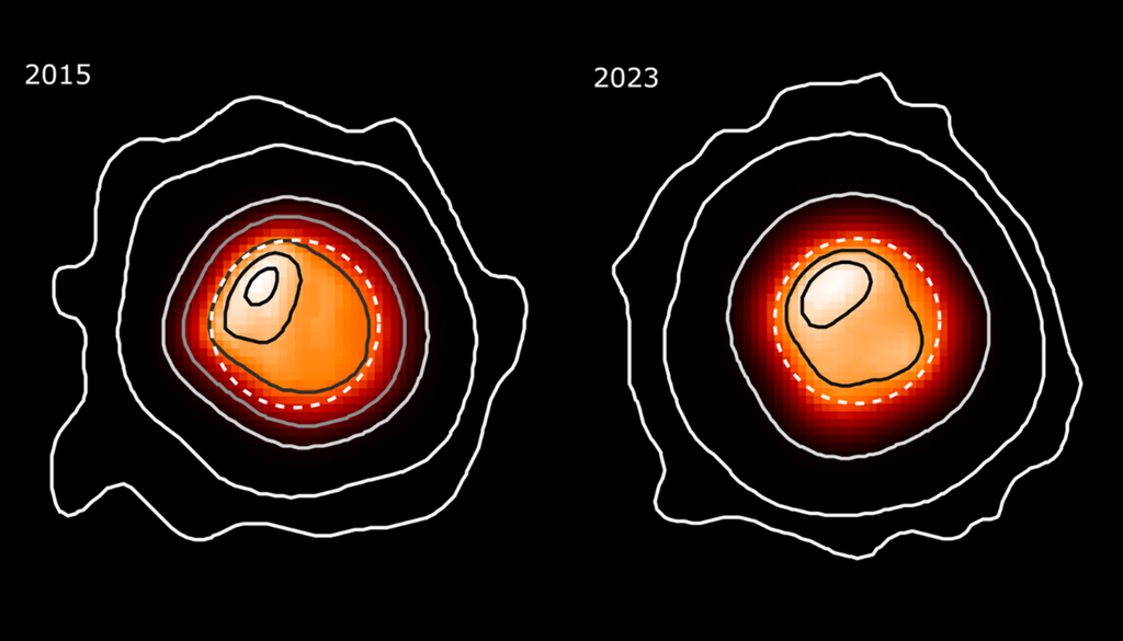 Die heißen Flecken auf der Oberfläche haben Jahre überdauert, wie der direkte Vergleich zeigt. Bild: Dent et al., 2026