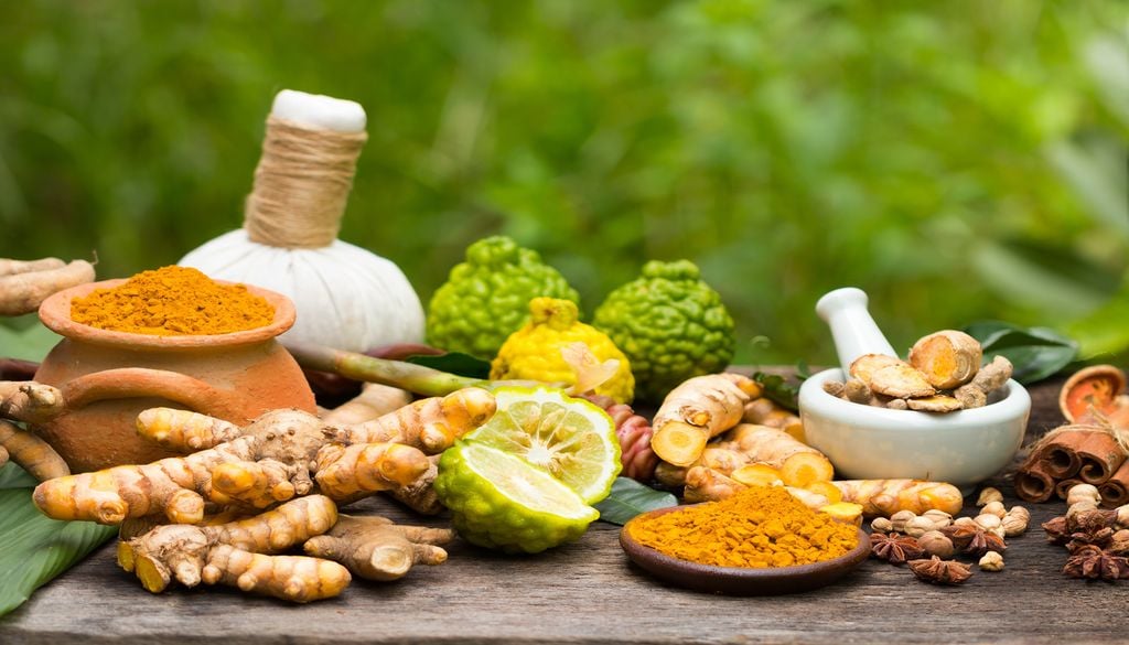Quelques aliments préconisés par l'ayurveda : curcuma, gingembre et citron. Quelques aliments préconisés par l'ayurveda : curcuma, gingembre et citron.