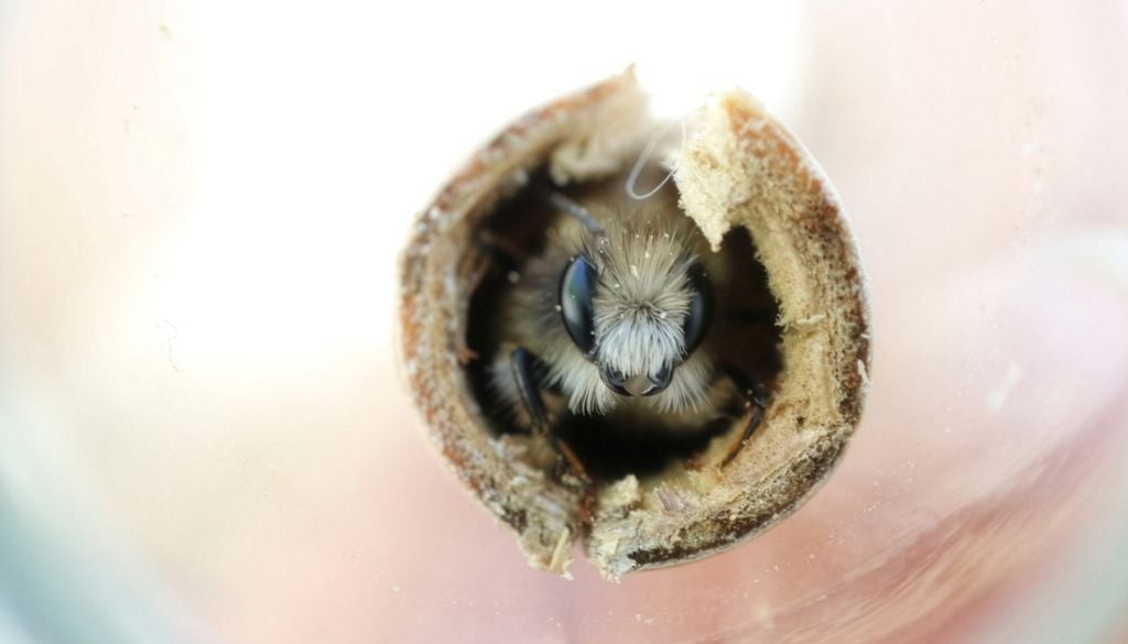 Eine rote Mauerbiene (Osmia bicornis) in ihrem Winterquartier, einem Schilfhalm. Sie ist frisch geschlüpft und schickt sich an, das Nest zu verlassen. Eine rote Mauerbiene (Osmia bicornis) in ihrem Winterquartier, einem Schilfhalm. Sie ist frisch geschlüpft und schickt sich an, das Nest zu verlassen. Bild: Cristina Ganuza