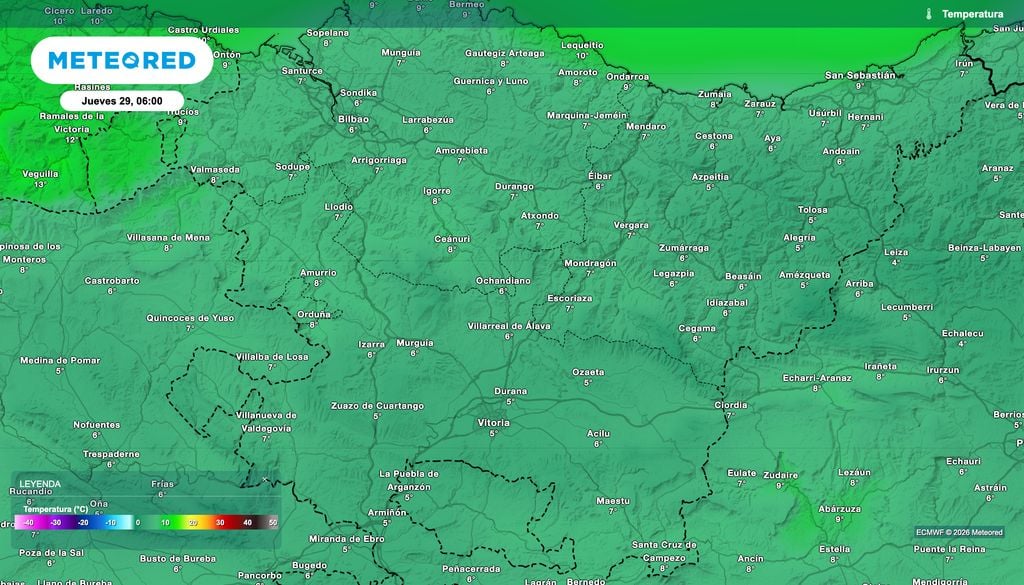 Una de las noches más frías de la semana será la del miércoles al jueves, con valores mínimos por debajo de los 6 ºC en el País Vasco. Fuente: modelo europeo.