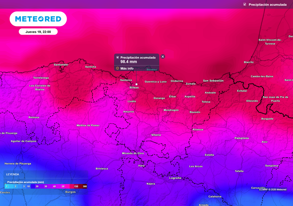 Los acumulados hasta finales de semana podrían estar cerca de los 90-100 l/m² en la zona de Bilbao.