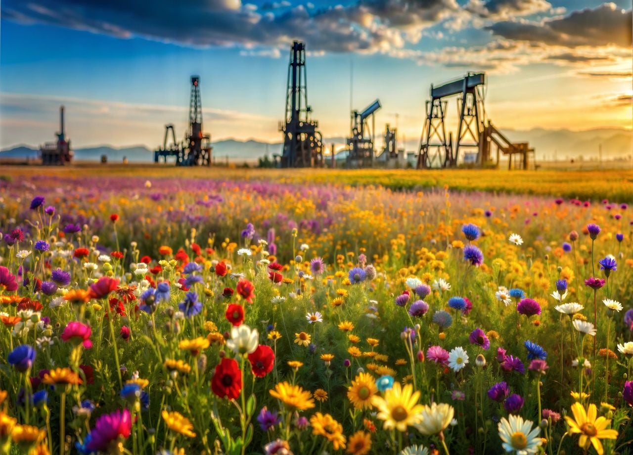 Contraste entre beauté naturelle et industrialisation : champ de fleurs sauvages avec en arrière-plan des plates-formes de forage pétrolier.