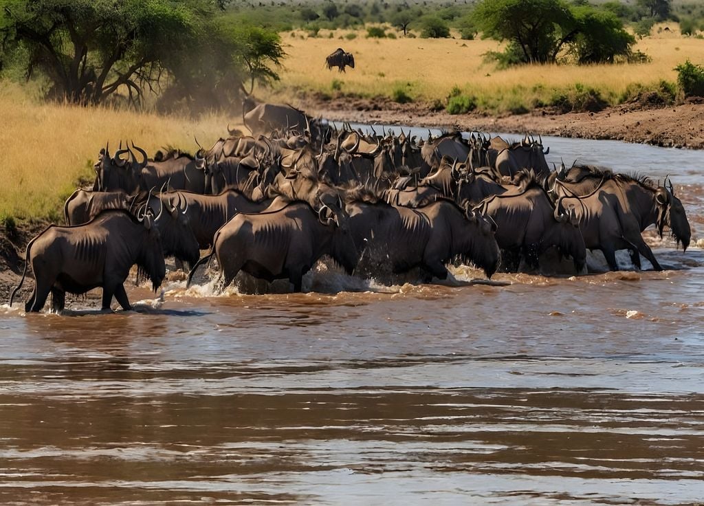 animales africanos tratando de cruzar un río