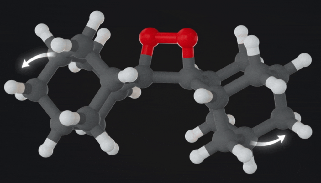 Eine Zugkraft (Pfeile) wirkt auf ein Molekül von Bis(adamantyl)-1,2-dioxetan. Durch die Belastung bricht die Kohlenstoff-Kohlenstoff-Bindung (Grau) der Kernstruktur. Anschließend bricht die Sauerstoff-Sauerstoff-Bindung (Rot), wodurch ein blaues Lichtphoton ausgesendet wird, um in einen stabileren Zustand zurückzukehren. Eine Zugkraft (Pfeile) wirkt auf ein Molekül von Bis(adamantyl)-1,2-dioxetan. Durch die Belastung bricht die Kohlenstoff-Kohlenstoff-Bindung (Grau) der Kernstruktur. Anschließend bricht die Sauerstoff-Sauerstoff-Bindung (Rot), wodurch ein blaues Lichtphoton ausgesendet wird, um in einen stabileren Zustand zurückzukehren. Bild: Kukier, Diesendruck, Hait, Xu & Martinez, 2026