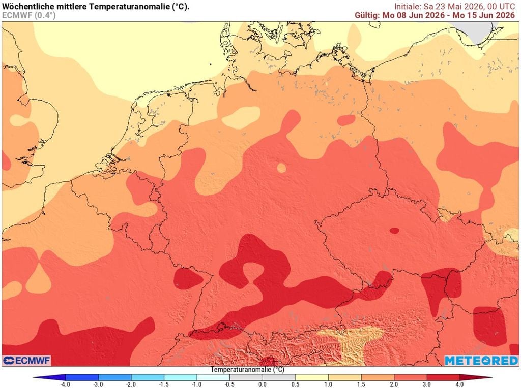 hitze, juni, 2. Woche Auch die zweite Juniwoche soll laut dem europäischen Wettermodell ECMWF deutlich "zu warm" ausfallen.