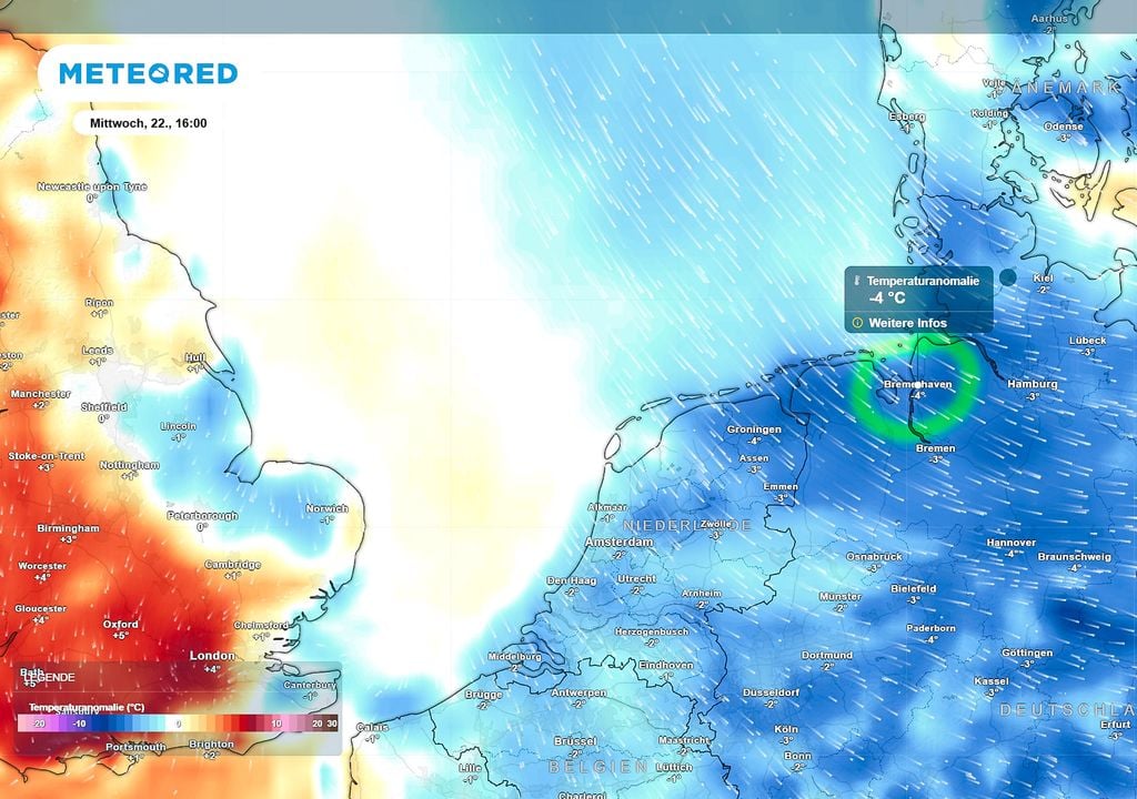temperatur, anomalie, kälte, bremerhaven Es wird außergewöhnlich kalt am kommenden Mittwoch in Bremerhaven. Im Vergleich zum Mittelwert zwischen 1991 und 2020 bis zu 4 °C kälter!