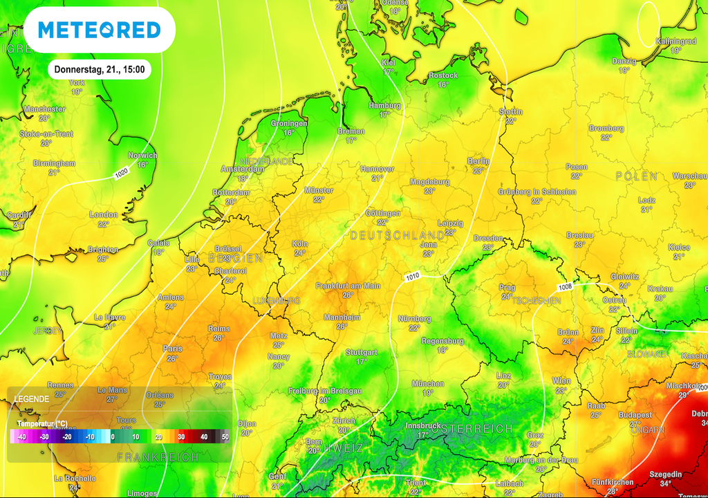 2-m-Temperaturen, Deutschland, GFS-Wettermodell, Donnerstag
