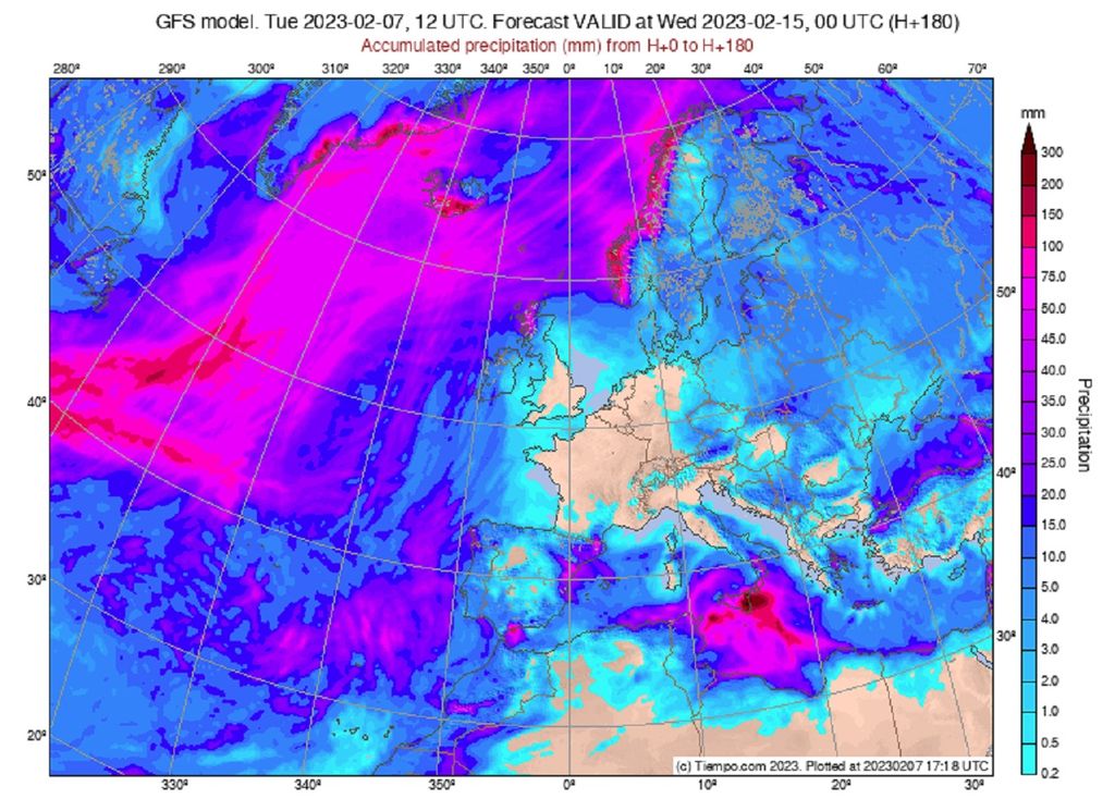 D'ici la mi-février, les précipitations seront quasi-nulles en France (modèle GFS). D'ici la mi-février, les précipitations seront quasi-nulles en France (modèle GFS).