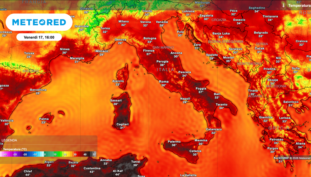 Mappa relativa alle temperature massime previste venerdì 17 alle ore 14 Centro Sud rovente, nel weekend temporali al Nord e temperature in calo