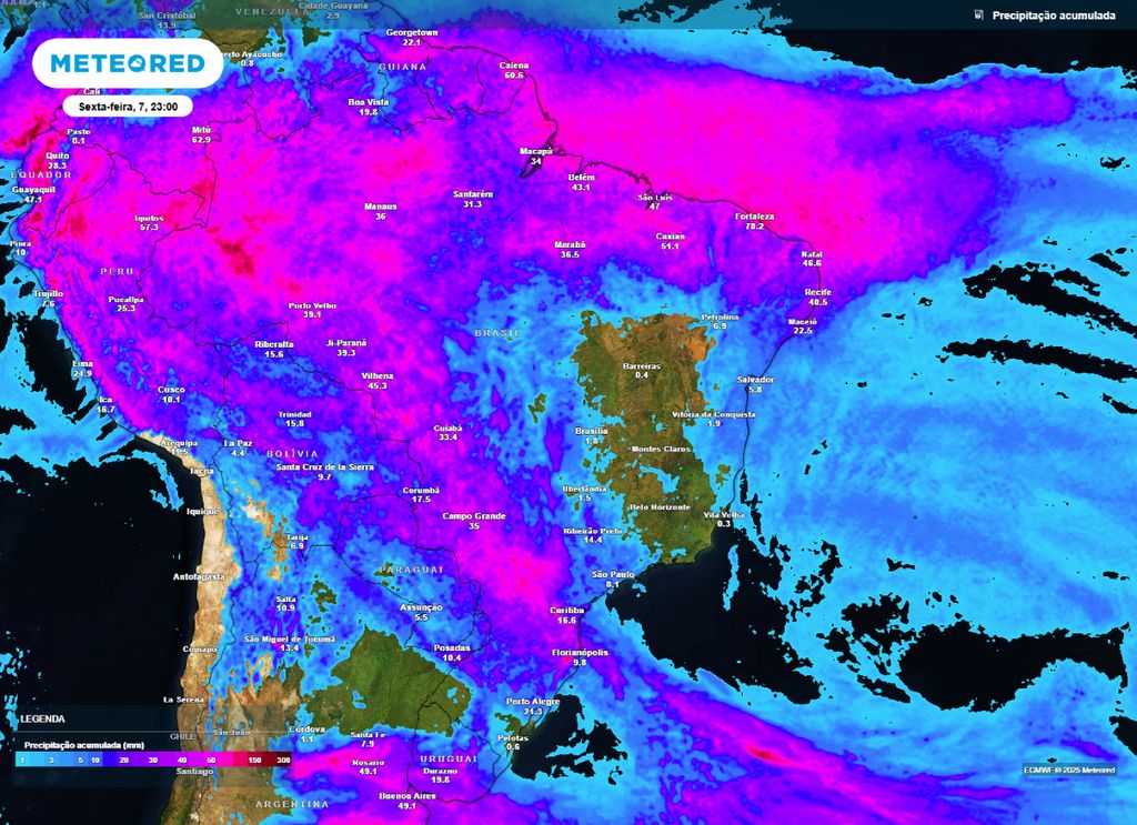 Previsão do acumulado de chuva entre a quarta-feira (05) e sexta-feira (07).