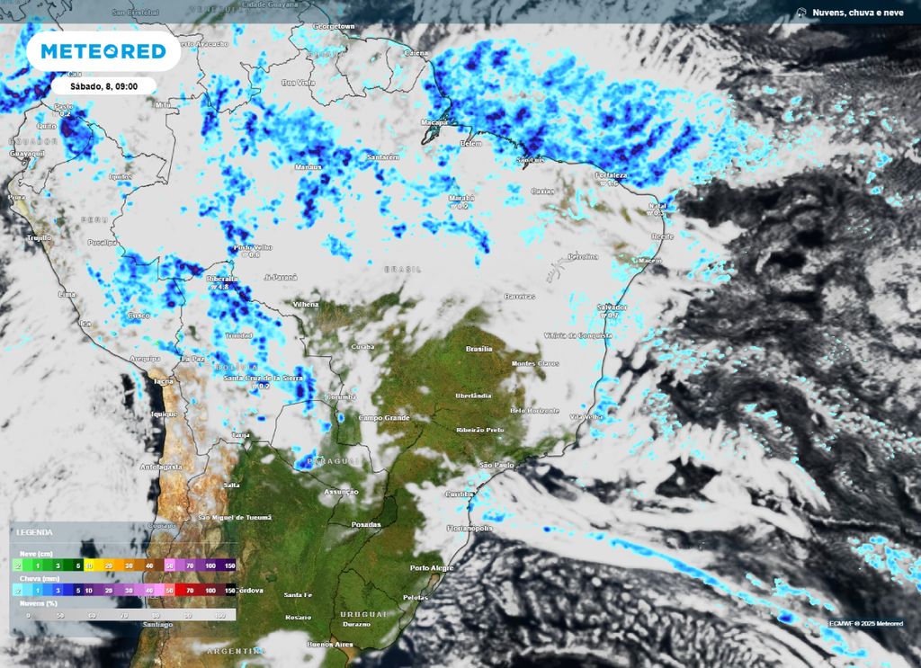 Previsão de nebulosidade e de chuva para a manhã de sábado (08).