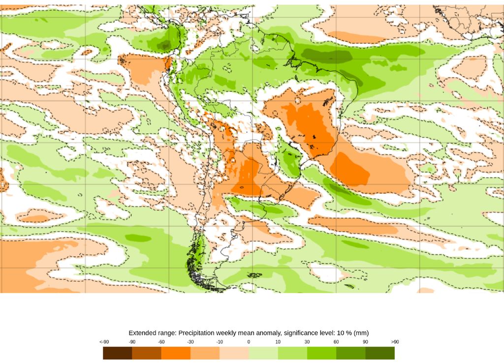 Anomalia média semanal de precipitação, prevista pelo modelo ECMWF para a semana entre 03 e 10 de Fevereiro.