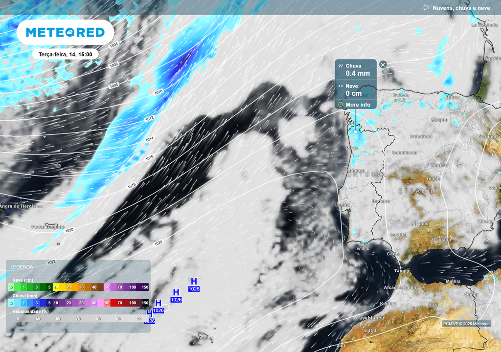 Esta terça-feira, a chuva fraca deverá atingir o Alto Minho, Porto, Aveiro e alguns pontos do Algarve, enquanto uma frente atlântica se aproxima mas acaba desviada.