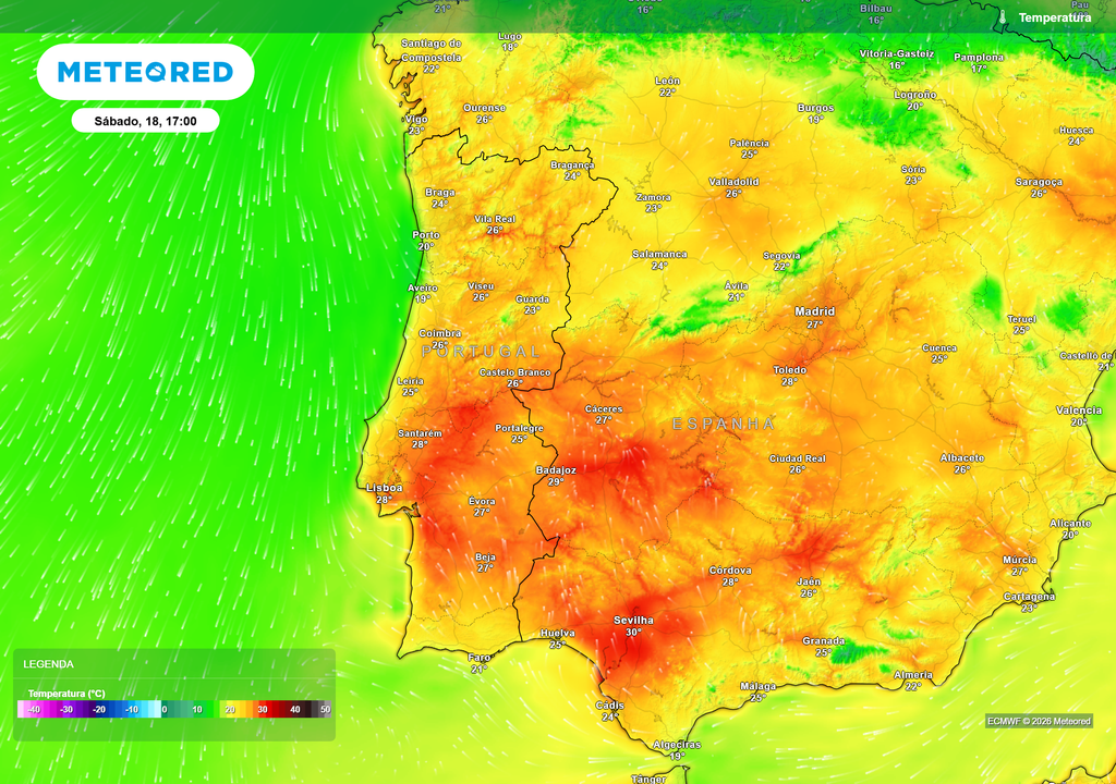 No sábado, as temperaturas voltam a subir, podendo superar os 28 ºC em várias zonas do Centro e Sul, com picos próximos dos 31 ºC em alguns locais.