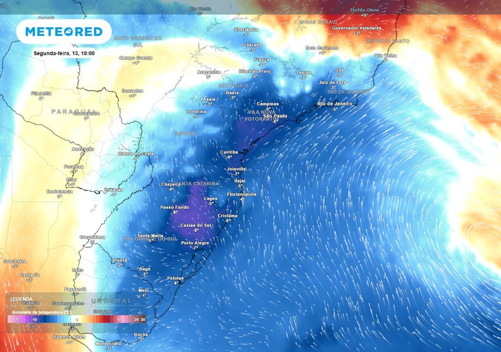 Previsão de anomalias de temperatura em 850 hPa. Previsão de anomalias de temperatura em 850 hPa mostra a massa de ar frio avançando pelas regiões Sul e Sudeste entre o domingo e a segunda-feira, trazendo tempo seco e frio.