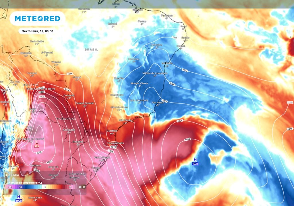 Previsão de pressão e anomalias de temperatura em 850 hPa na sexta-feira. Previsão de pressão e anomalias de temperatura em 850 hPa na sexta-feira mostra um grande anticiclone sobre o oceano Atlântico e a massa de ar frio chegando até a altura do Nordeste.