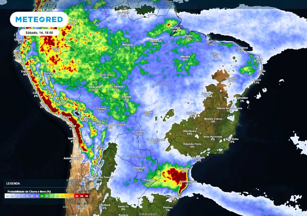 Previsão de probabilidade de chuva no sábado durante a tarde mostra que a chuva cessará sobre parte do Sudeste, Nordeste e Centro-Oeste do Brasil, dando espaço para um tempo ensolarado.